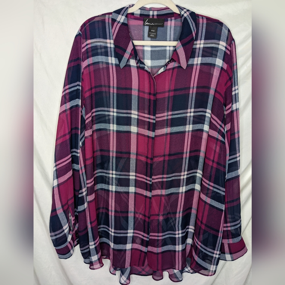Lane Bryant Sheer Plaid Button Down, 26/28